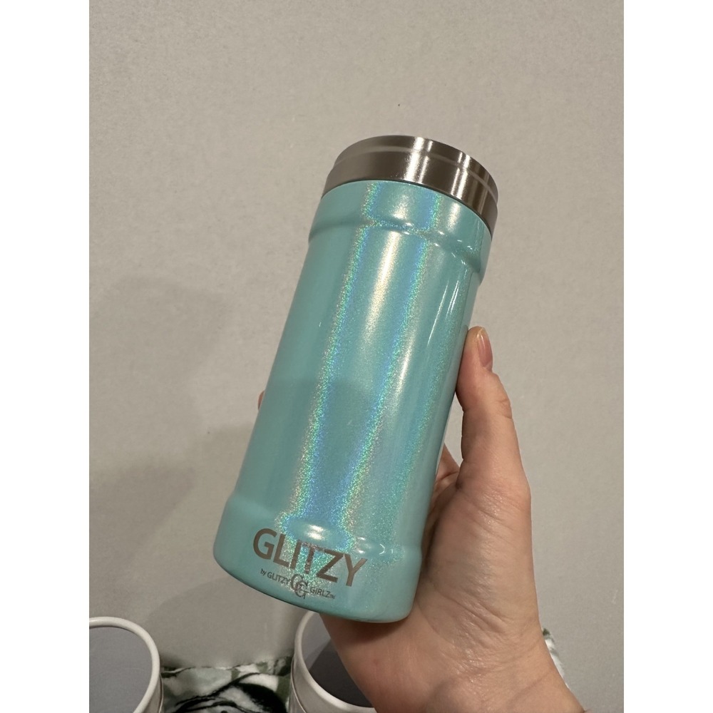 GLITZY Skinny Can Coolers White & Teal Glitter Insulated 12oz 2 Pack - Picture 3 of 3
